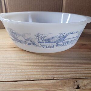 Glasbake Currier & Ives Farm Scene 2 Qt Casserole Dish Vintage Milk Glass